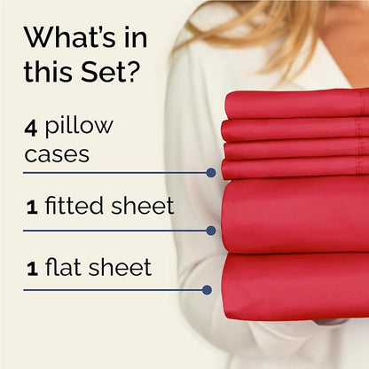 Full 6 Piece Sheet Set - Cooling, Comfy & Breathable - Hotel Luxury Bedding - Includes Fitted Sheet for Women, Men, Kids and Teens - 1 Flat, 1 Fitted Sheet, 4 Pillowcases with Deep Pockets - Red