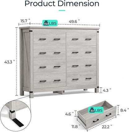 LINSY HOME Farmhouse 8 Drawer Double Dresser for Bedroom, 50” Wide Rustic Wood Chest with Deep Drawers, Modern Dressers with Storage and Metal Handles for Closet, Living Room, Hallway, Wash Grey