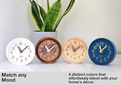 Driini Wooden Analog Desktop Clock – 4.3 in. Decorative Pinewood, No-Tick Design – Easy to Read Silent Sweep Mantle Clock – Quiet Tabletop Clocks with Wood Body, Hands, & Battery Cover; Dark