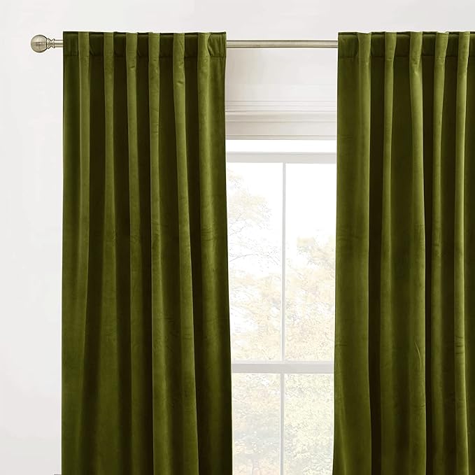 RYB HOME Moss Green Velvet Curtains 94 inches, Back Tab Soft Fabric Room Darkening Thermal Insulated Luxurious Home Decor Curtains for Living Room Bedroom, W 52" x L 94", 2 Panels Set