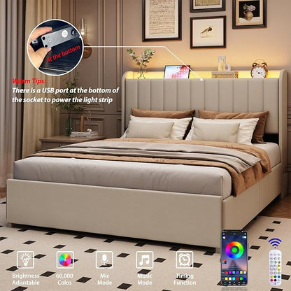 Full Bed Frame with 4 Drawers and Storage Headboard, Upholstered Platform Bed Frame Full Size with Led Lights and Handy Charging Station, No Box Spring Needed, Easy Assembly, Noise Free, Beige