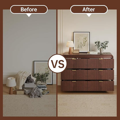 FURSUN Fluted 6 Drawers Dresser for Bedroom, 54" Wide Wooden Dresser with Metal Handle, Curved Profile Design, Modern Storage Organizer for Bedroom, Living Room, Hallway, Walnut