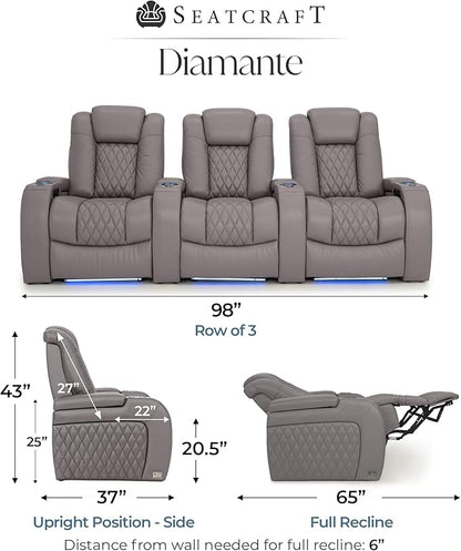 Seatcraft Diamante Zero-Gravity CoolZero Italian Leather Home Theater Seating, Power Headrest, Power Recline, Row of 3, Gray