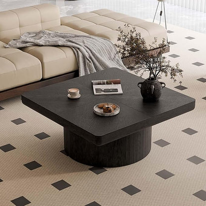 Modern Square Coffee Table with Cylindrical Base, Wood Coffee Table with Parquet Pattern & Thickened Tabletop, Center Table Tea Table for Living Room Apartment, 34.6''L×34.6''W×14.9''H, Black