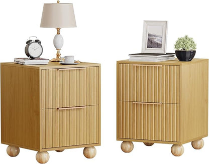 Fluted Nightstand Set of 2, Natural Oak Finish Bedside Table with Spacious Storage Drawers, Night Stand with Solid Wood Round Legs for Bedroom, End Table, Side Table