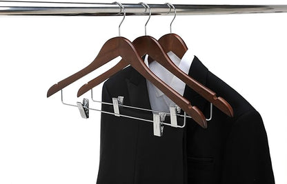Quality Wooden Skirt Hangers with Clips Smooth Solid Wood Pants Hangers with Durable Adjustable Metal Clips, Swivel Hook, Coat, Jacket, Blouse Suit Hangers (Walnut - Chrome Hook, 20)