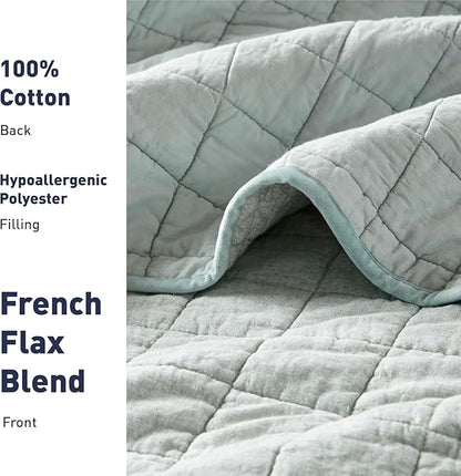 Hyde Lane Luxury Linen Quilt Set King Size, European Flax Cotton Blend Bedding for Bedspread and Coverlet, Box Stitched, with 2 Pillow Shams, 106"x96", Sage
