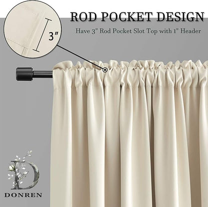 DONREN Beige Room Darkening Curtains for Bedroom - 52 x 90 Inch Length Thermal Insulated Rod Pocket Curtains,1 Pair