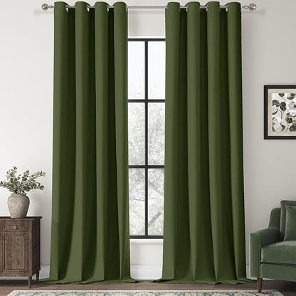ChrisDowa 100% Blackout Olive Green Solid Curtains 108 Inches Long 2 Panels for Bedroom Living Room,Farmhouse Room Darkening Thermal Insulated Soundproof Grommet Top Window Treatment Drapes,52x108