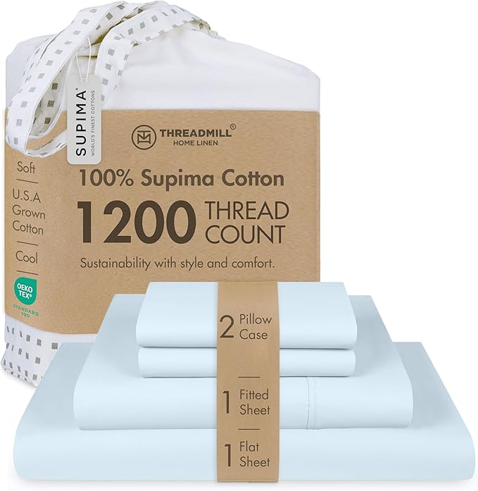 Threadmill Supima King Size Sheets, 1200 Thread Count, 4 Piece American Luxury Bed Sheets for King Mattress, 5 Star Hotel Quality Cotton Sheets with Elasticized Extra Deep Pocket, Light Blue