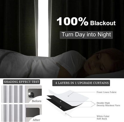 Topfinel White 102 Inches Long Custom Blackout Linen Curtains, Pinch Pleated Noise Cancelling Curtains with Pin Hooks for Traverse Rods, Viral Drapes 2 Panels for Living Room Master Bedroom