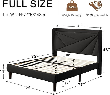 Full Size Upholstered Bed Frame with Charging Station, Platform Bed Frame with Storage Headboard, Solid Wood Slats Support, No Box Spring Needed, Black