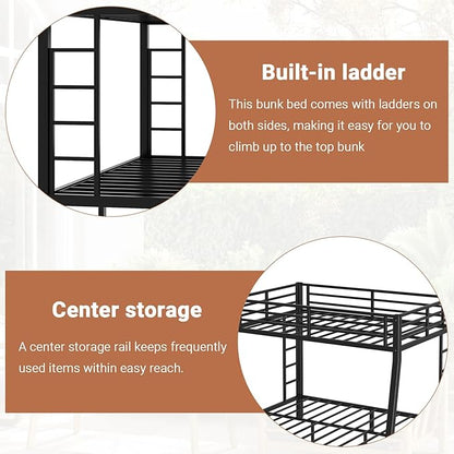 Full XL Over Queen Bunk Bed Frame, Heavy Duty Metal Loft Bed for Adults/Teens, 400/600LB Capacity w/Ladder & Guardrail, Noise-Free Steel Slats, No Box Spring Required, Black
