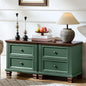 Farmhouse Nightstand Set of 2 for Bedroom, Mid-Century Low Nightstands with 2 Drawers & Charging Station, Vintage Night Stands with 4 Square Solid Wood Legs, Small Dresser for Home, Green