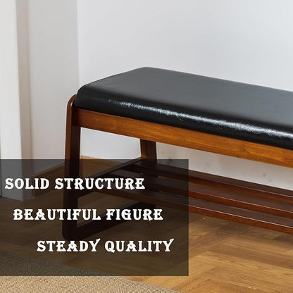 latifolia Solid Wood Bench, Entryway Shoe Bench with Cushion, 2 Tier Shoe Storage Organizer for Hallway, Living Room(Black,31.50''L)