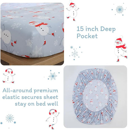 JSD Snowman Kids Sheet Set Twin Size, 3 Piece Blue Snowflakes Christmas Printed Microfiber Sheets Deep Pocket