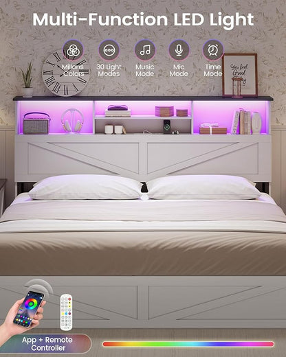 AOGLLATI Farmhouse King Bed Frame Bed Frame with 4 Storage Drawers and Led Lights, Wooden King Bed with Hidden Space Bookcase Headboard and Led Lights, White