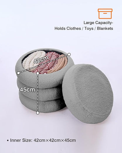 Round Set of 2 Sherpa Storage Ottoman Stool Boucle Vanity Stool Footstool with Removeable lid Load up to 440 lbs for Livingroom Bedroom Gray UASND68G