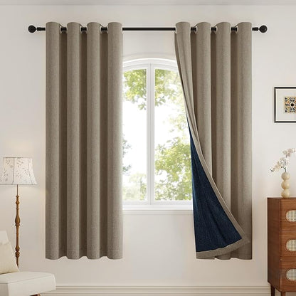 100% Blackout Curtains 72 inch Length 2 Panels Set for Dining Room Master Room, Thick Soft Linen-Look Textured Full Light Blocking Room Darkening Thermal Insulated Drapes (W52xL72, Taupe)