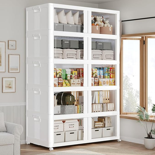 150GAL Large Stackable Storage Bins with Lid and Wheels, 600Qt Collapsible Organizer Cabinet with Clear Door, for Closet, Bedroom, Kitchen, Garage, 5-Pack White
