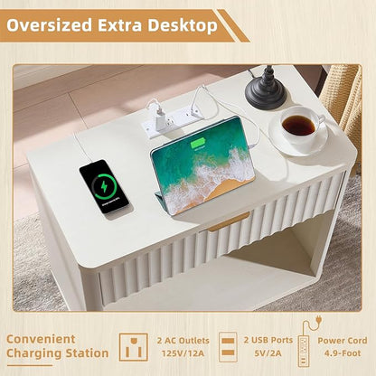 LEYAOYAO 31" Wide Fluted Nightstand Set of 2 with Charging Station, Oversized Extra Large 1 Drawer Night Stand with Golden Handle, White Wood Bedside Table Tall End Tables,for Bedroom, Living Room