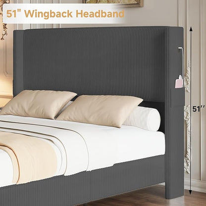 Queen Size Bed Frame with Headboard, Upholstered Platform Bed with Tall Wingback Headboard & Footboard, Corduroy Bed Frames with USB Ports, Easy Assembly, Gray