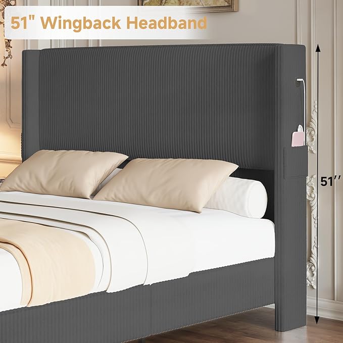 King Size Bed Frame with Headboard, Upholstered Platform Bed with Tall Wingback Headboard & Footboard, Corduroy Bed Frames with USB Ports, Easy Assembly, Grey