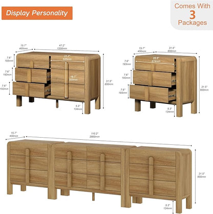 WAMPAT 3 Piece Bedroom Dresser Set, 110.2" Wide 12 Drawers Wood Dresser, Mid-Century Modern Storage Chest with Curved Handles for Bedroom, Living Room (Light Walnut)