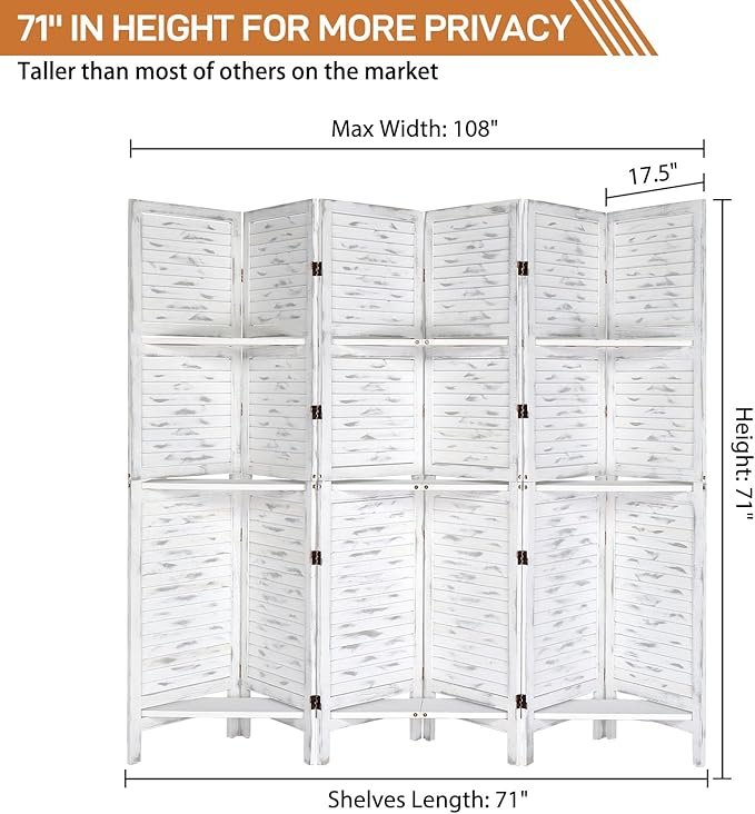 Bonnlo 6 Panels Wood Room Divider with Shelves, 6 FT Height Folding Privacy Screens, Indoor Freestanding Room Partition Wall Divider, Hinged Space Separator (Grey, 6 Panel)