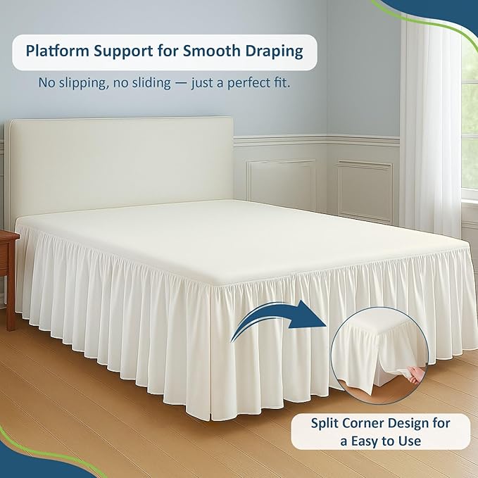 Rajlinen Ruffled Bed Skirt California King, 12 Inch Drop Dust Ruffle with Split Corners, 100% Microfiber Bedskirt with Platform, Three-Sided Coverage Ruffled Gathering Design, Ivory