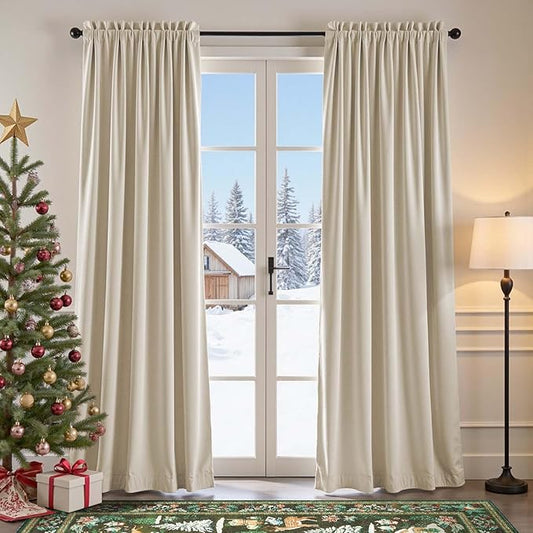 Lazzzy Velvet Blackout Curtains Thermal Insulated Room Window Drapes Super Soft Luxury Curtains for Living Room Bedroom Rod Pocket 2 Panels, Beige, 62" W x 90" L