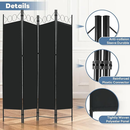 DUMOS 4 Panel Partition Room Divider, 6 Ft Tall Folding Privacy Screen, Freestanding Partition with Steel Frame, Easy Move & Storage, for Home, Office, Bedroom, Black