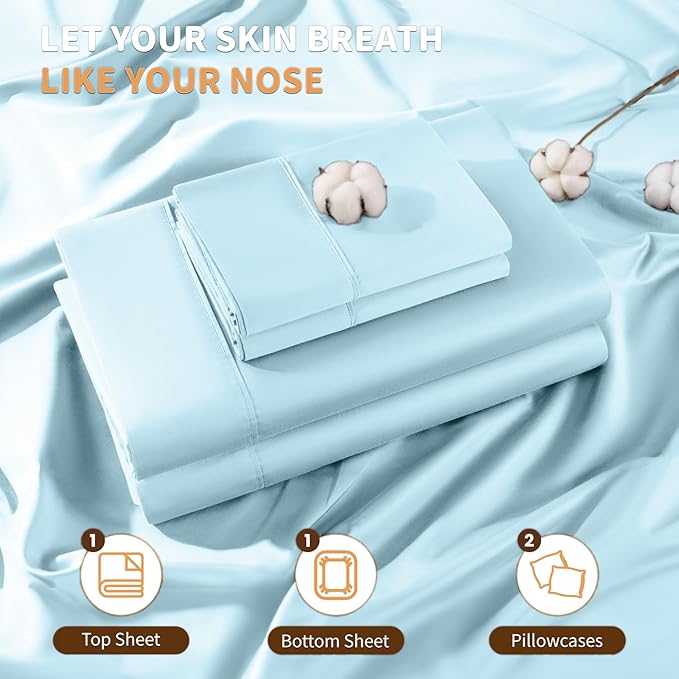 LBRO2M 100% Cotton Sheets Set Deep Pocket 19", 1000 Thread Count King Size 4 Piece Bed Sheet Sets Soft Comfortable Bedding All Season (King, Light Blue)