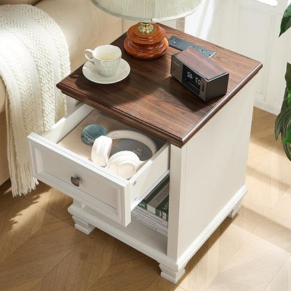 SAVOR LIFE Farmhouse End Tables Living Room with Drawer, Rustic Wood Nightstand with Charging Station, Bedside Table with Open Shelf for Bed Room, Living Room, White