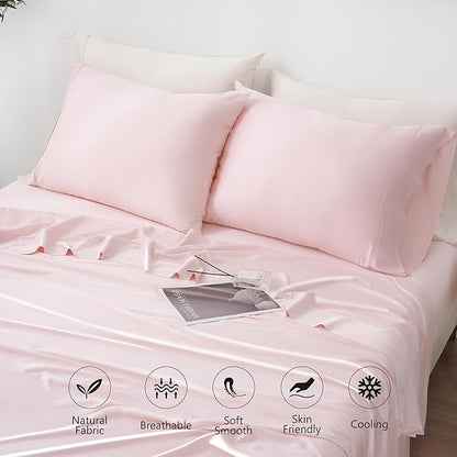 Linen World King Size 400TC Cooling Bed Sheet Set - 100% Organically Grown Viscose Sheets, Silky Soft & Breathable, Deep Pocket Fits Up to 16", 4-Piece Sheets with Pillowcases,Baby Pink