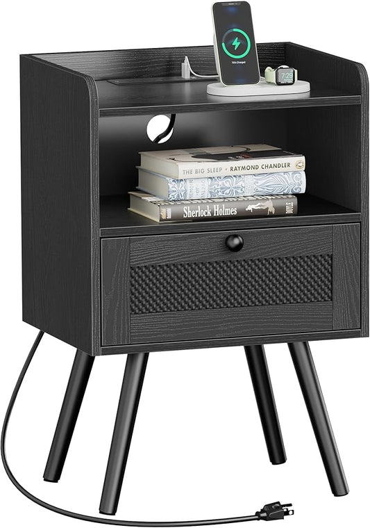 SUPERJARE Nightstand with Charging Station, Bedside Table with Texilene Surface Drawers, Rattan Side Table with Storage & Solid Wood Feet, End Table for Bedroom, All Black
