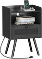 SUPERJARE Nightstand with Charging Station, Bedside Table with Texilene Surface Drawers, Rattan Side Table with Storage & Solid Wood Feet, End Table for Bedroom, All Black