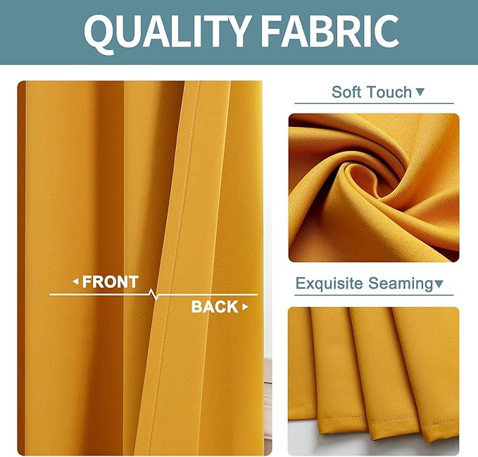 ChrisDowa Room Darkening Curtains 90 Inches Long 2 Panels Set for Living Room, Grommet Thermal Insulated Blackout Curtains for Bedroom (Mustard Yellow, 52 x 90 Inch)