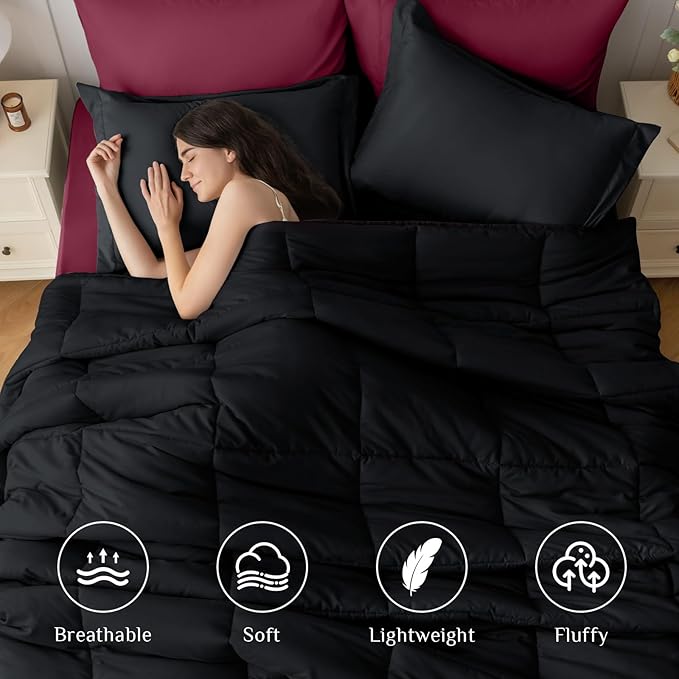 JOLLYVOGUE Twin XL Comforter Set, Ultra-Soft Bed in a Bag Twin XL Size 5 Pieces, Oeko-TEX Certified Bedding Set with Down Alternative Comforter, Sheets, Pillowcases & Shams, Burgundy & Black