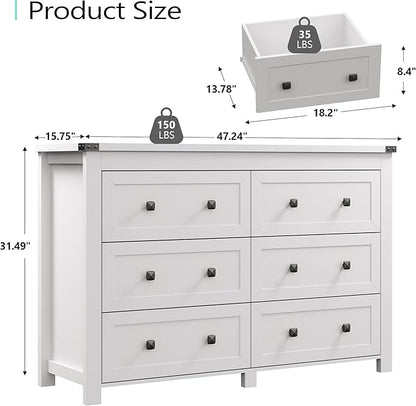 Dresser for Bedroom with 6 Drawers, Farmhouse Wood Chest of Drawers, Wide TV Stand Closet Storage Furniture with Metal Handle, Modern Clothes Organizer for Hallway, Living Room, Entryway, White