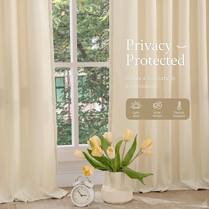 LAMIT Beige Velvet Curtains for Living Room 108 Inches Long, Elegant Thermal Insulated Room Darkening Drapes Noise Reducing Back Tab and Rod Pocket Panels for Bedroom, 2 Panels, 52 x 108 Inch