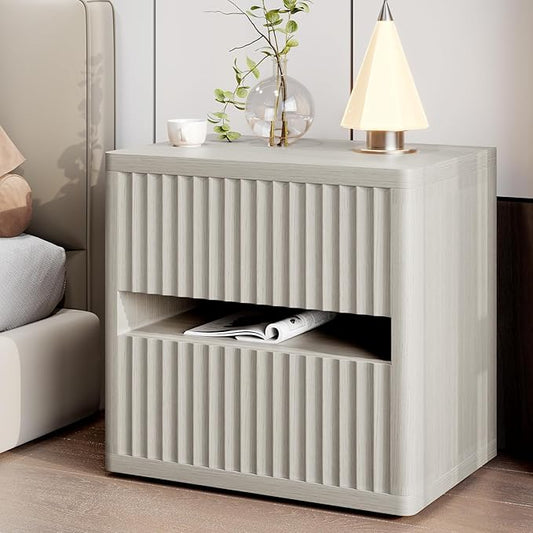 Dripex Fluted Nightstand with 2 Drawers, Large Wide Wood Night Stand Bedside Table for Bedroom, Mid-Century Modern Storage Bed Side Table, End Table for Living Room Sofa Couch, Gray Oak