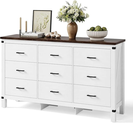 LINSY HOME Dresser for Bedroom with 9 Drawers, 59” Wide Chest with Deep Drawer, Modern Farmhouse Dresser TV Stand with Metal Handles, Wood Storage Cabinet for Closet, Living Room, Hallway, Off White
