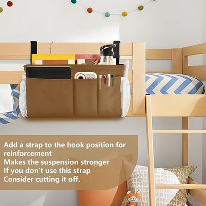 KOPIRIT Brown Bedside Caddy Storage Bag Bedside Organizer for Bunk Bed Headboards College Organizer Caddy Hanging Shelf 6 Pockets with Hooks for Drinks Magazine Phone Holder