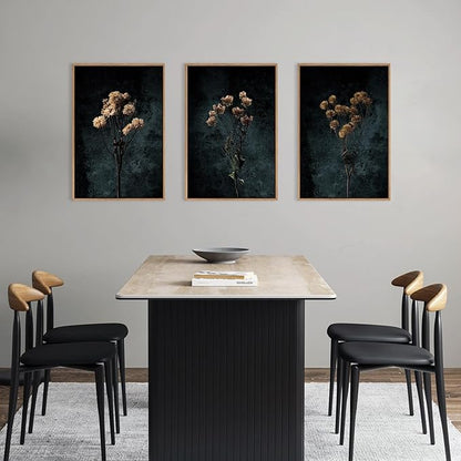 LHIUEM Dark Moody Wildflowers Framed Canvas Wall Art Set,Minimalist Wildflower Wall Decor,Vintage Black Flower Botanical Painting, Aesthetic Floral Artwork for Living Room,Bedroom,Office-16''x24''x3