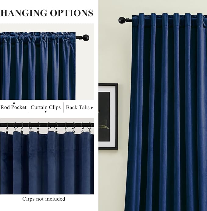 Navy Blue Velvet Blackout Curtains Extra Long Super Soft Room Darkening Drapes Elegant Thermal Insulated Sound Reducing Curtain for Bedroom Living Room, Back Tab Rod Pocket, W52 x L102, 2 Panels