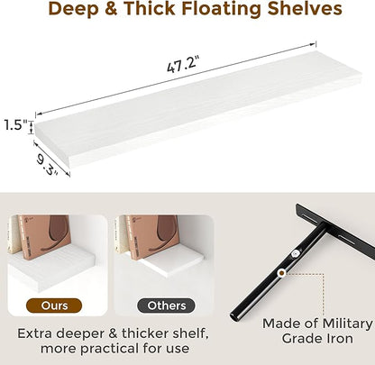 Fun Memories Farmhouse Floating Shelves for Wall, 48 x 9.3 Large Floating Shelf Wall Mounted, Rustic Wood Shelves for Bathroom, Kitchen, Living, Heavy-Duty Storage Deep Shelf for Books, Decor, White
