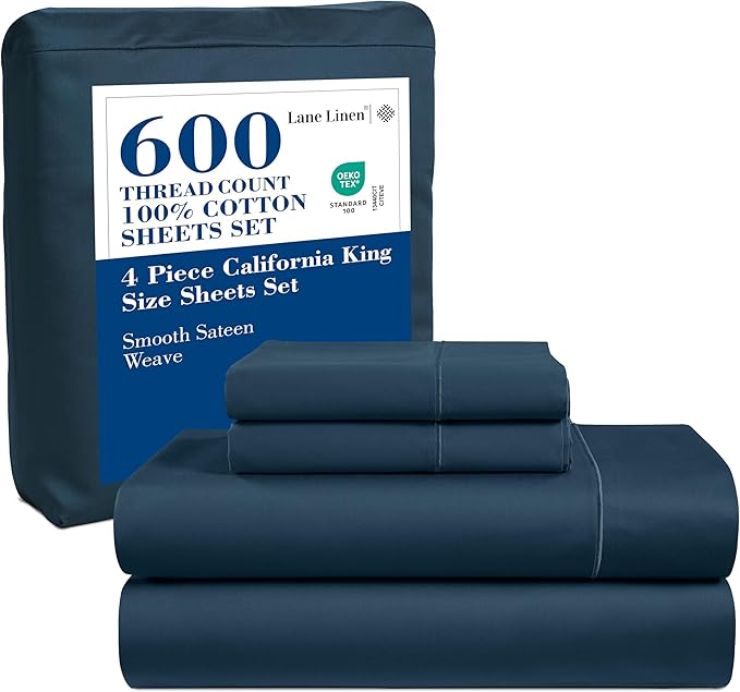 LANE LINEN California King Sheets Sets - 4 PCs. 600 Thread Count Cal King Sheet Set - 100% Cotton Sheets Cal King - Ultra Soft, Sateen Weave California King Bed Sheets Set - Denim