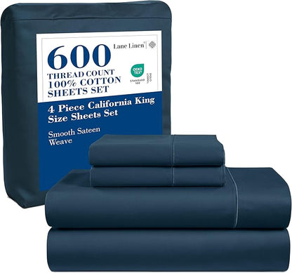 LANE LINEN California King Sheets Sets - 4 PCs. 600 Thread Count Cal King Sheet Set - 100% Cotton Sheets Cal King - Ultra Soft, Sateen Weave California King Bed Sheets Set - Denim