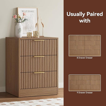 Fluted Dresser & 3 Drawer Nightstand Set 3-Piece, 63” Long 9 Drawer Dresser and Night Stand Set of 2, Fluted Modern Wood Chest of Drawers Storage Dressers Set for Bedroom, Natural Wood